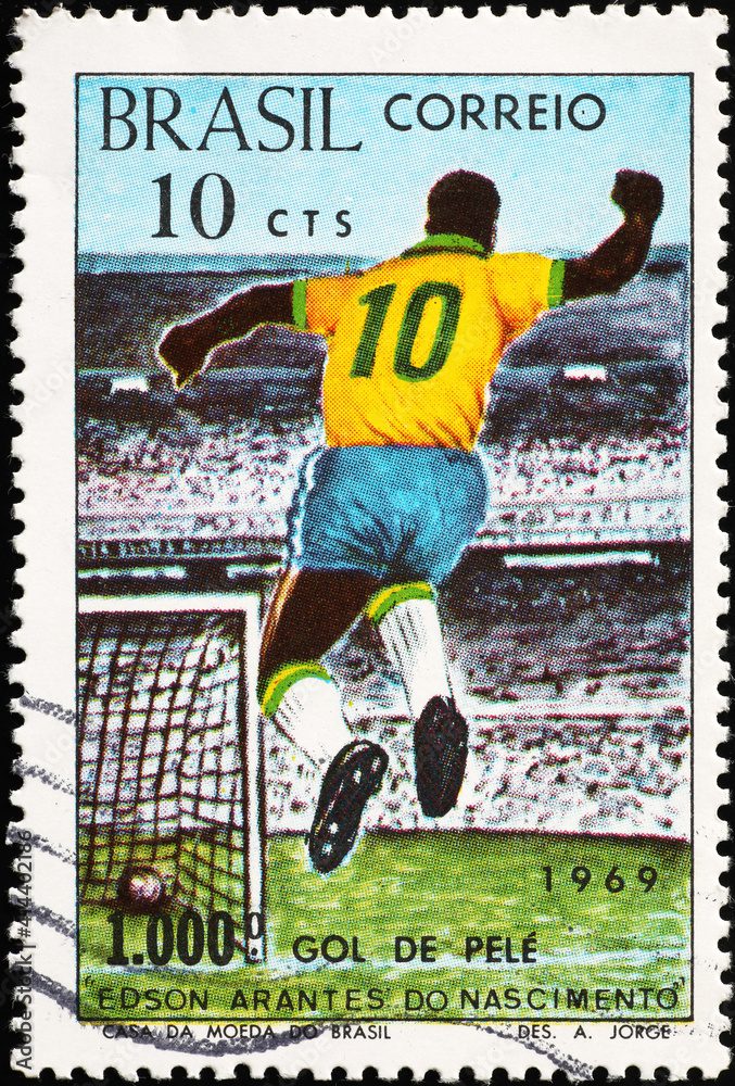 Celebration of thousandth goal by Pelé on brazilian stamp
