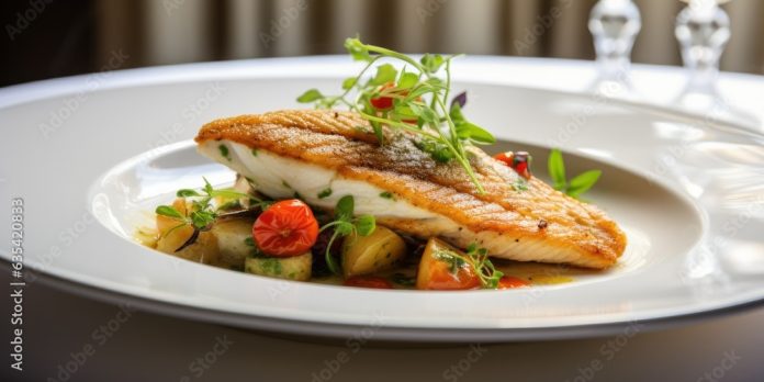 beautifully seared tilapia fillet, adorned with fresh herbs, resting on a white plate in a contemporary kitchen. The dish exudes elegance and healthy dining 🐟🌿🍽️