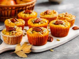 Homemade muffins of pumpkin with pecans. Autumn menu