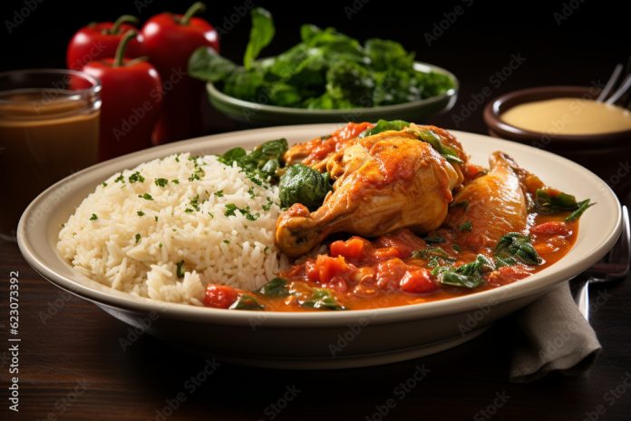 A plate of traditional frango com quiabo, a Brazilian chicken stew cooked with okra, tomatoes, and served with rice, brazilian food, cuzcuz, couscous, cassava, farofa, brazil Generative AI