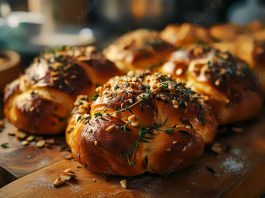Freshly baked sweet braided bread with sesame seeds on a wooden cutting board