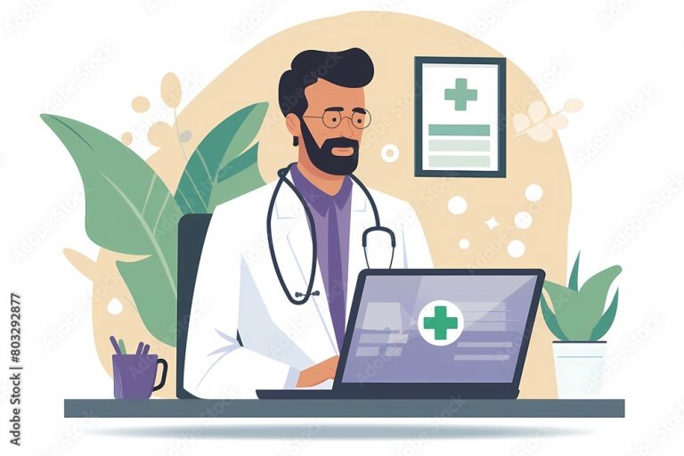 Doctor on a laptop screen conducting a virtual consultation with a patient, comfortable home environment, emphasis on the technology. Flat illustration